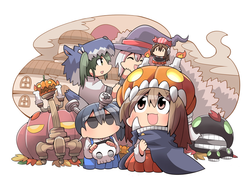 akagi_(kantai_collection) animal_costume bad_id bad_pixiv_id candle candlestand candy carrying_overhead chibi chibi_on_head cloak commentary fairy_(kantai_collection) food ha-class_destroyer halloween hat i-class_destroyer jack-o'-lantern kaga_(kantai_collection) kakuzatou_(koruneriusu) kantai_collection multiple_girls muneate on_head pumpkin_hat screw shinkaisei-kan shoukaku_(kantai_collection) skull witch_hat wolf_costume zuikaku_(kantai_collection)