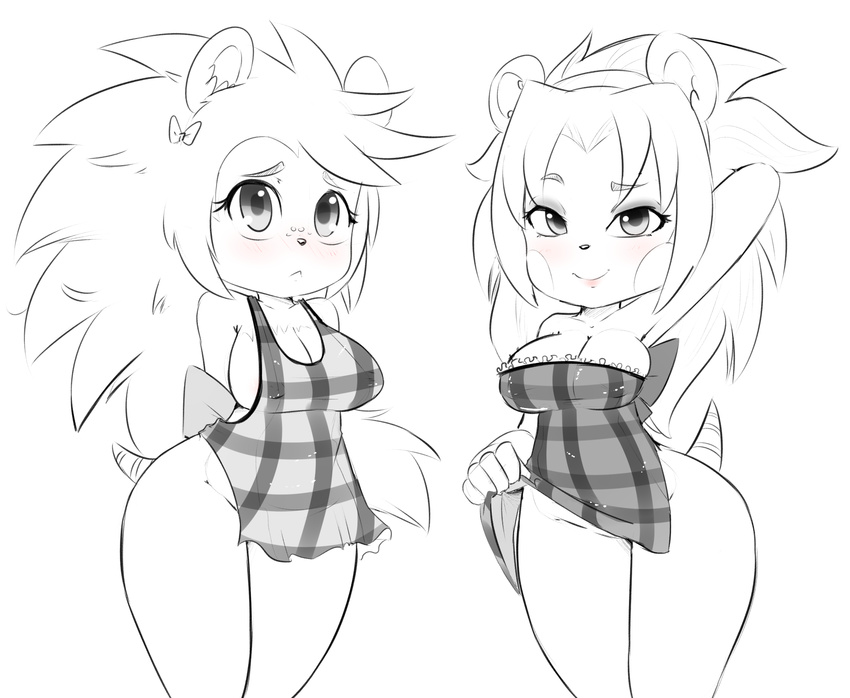 2015 animal_crossing anthro apron blush breasts butt cleavage clothed clothing duo female freckles fur group half-closed_eyes half-dressed hearlesssoul hedgehog looking_at_viewer mabel_able mammal nintendo porcupine rodent sable_able smile undressing video_games