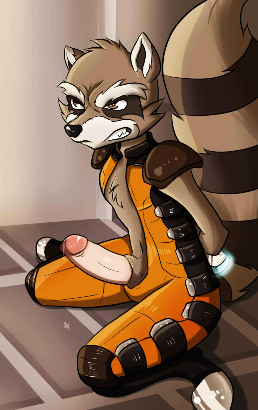 alternate_version_available angry anthro arms_tied bdsm bondage bound circumcised clothing collaboration digital_media_(artwork) dripping exposed fluffy_tail guardians_of_the_galaxy hands_behind_back humanoid_penis inside joykill jumpsuit kneeling male mammal open_clothing penis precum raccoon redfoxsoul rocket_raccoon sheath snarling solo