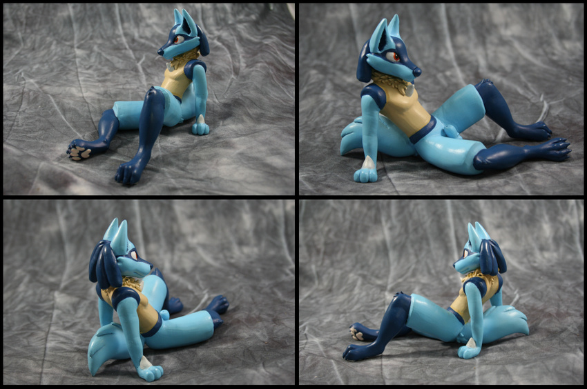 anthro arm_support balls blue_fur canine claytail feet figurine fully_sheathed fur lucario male mammal nintendo nude pawpads paws pok&eacute;mon presenting real reclining red_eyes sculpture sheath sitting solo traditional_media_(artwork) video_games yellow_fur