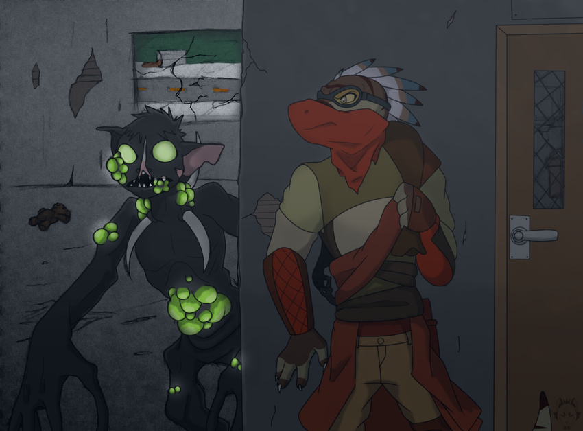 bag bandanna boils building claws clothing deformed dinosaur door eyewear feather_hair fingerless_gloves gloves goggles green_eyes green_glow hiding horn kami-kitsune male monster mutation post-apocalyptic raptor ruins snarl_(character) stripes teddy_bear