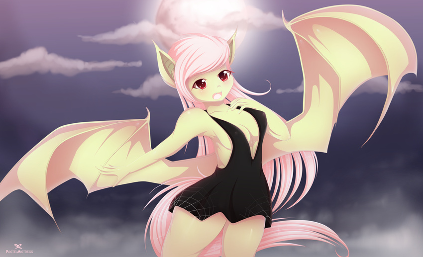 2015 anthro anthrofied bat_pony bat_wings breasts clothing dress equine female flutterbat_(mlp) fluttershy_(mlp) friendship_is_magic full_moon hair long_hair mammal moon my_little_pony night open_mouth outside pastelmistress pink_hair red_eyes solo wings