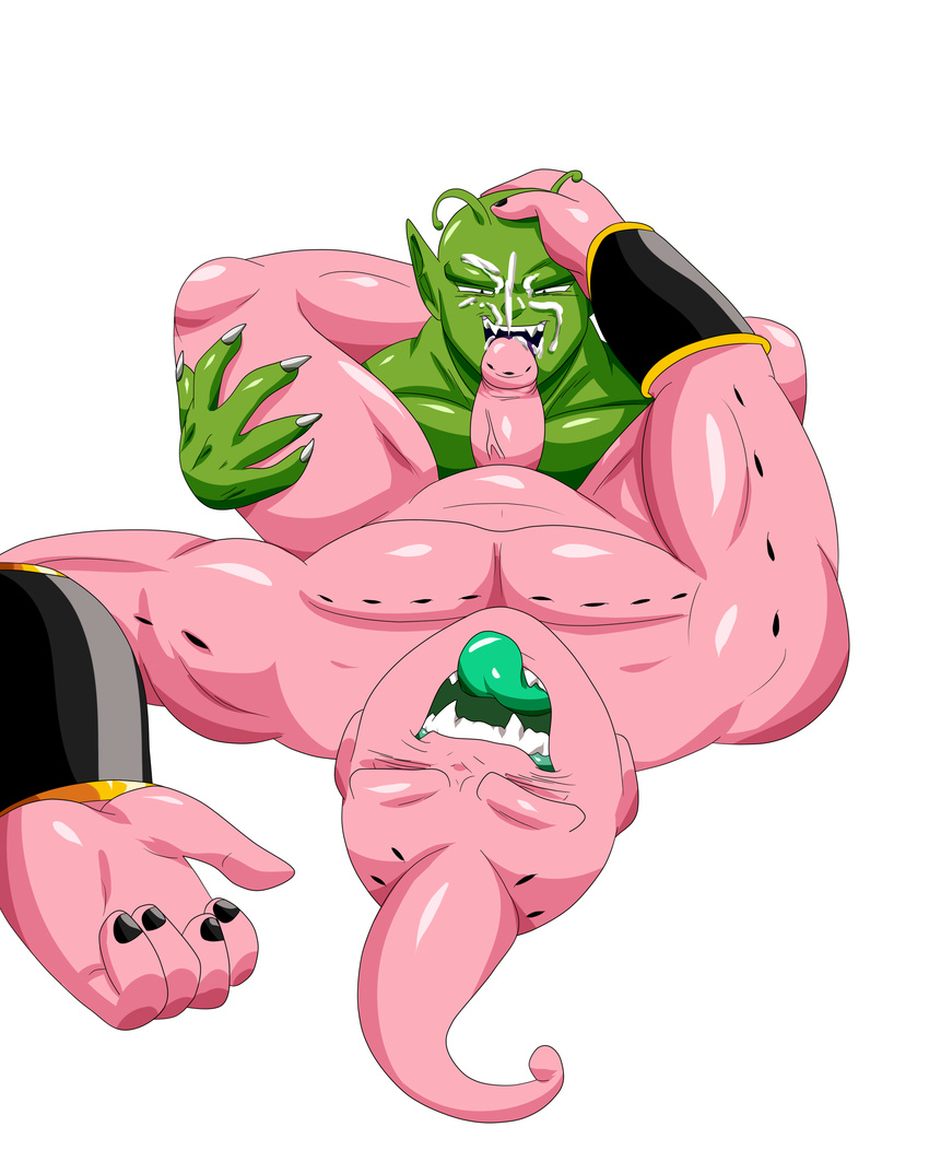 2015 absurd_res alien balls buu cum cum_on_face darthglacier dragon_ball dragon_ball_z duo fellatio grin hi_res kid_buu licking looking_pleasured lying majin_buu male male/male muscular namekian nude on_back open_mouth oral penis penis_lick piccolo sex sharp_teeth simple_background smile teeth tongue tongue_out white_background