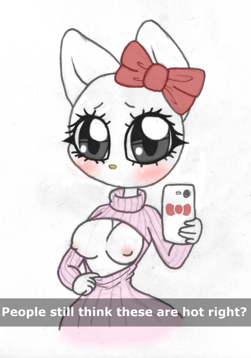 bit-small bow breasts cat clothing cute english_text feline female flashing hello_kitty hello_kitty_(character) keyhole_turtleneck mammal nipples phone ribbons sanrio selfie snapchat sweater text wide_hips