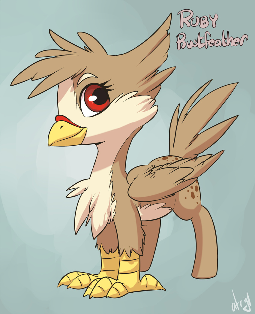 2015 atryl avian beak brown_feathers chest_tuft fan_character feathers female feral fluffy fur hippogryph looking_at_viewer multicolored_feathers my_little_pony ponification red_eyes ruby_rustfeather solo standing tuft