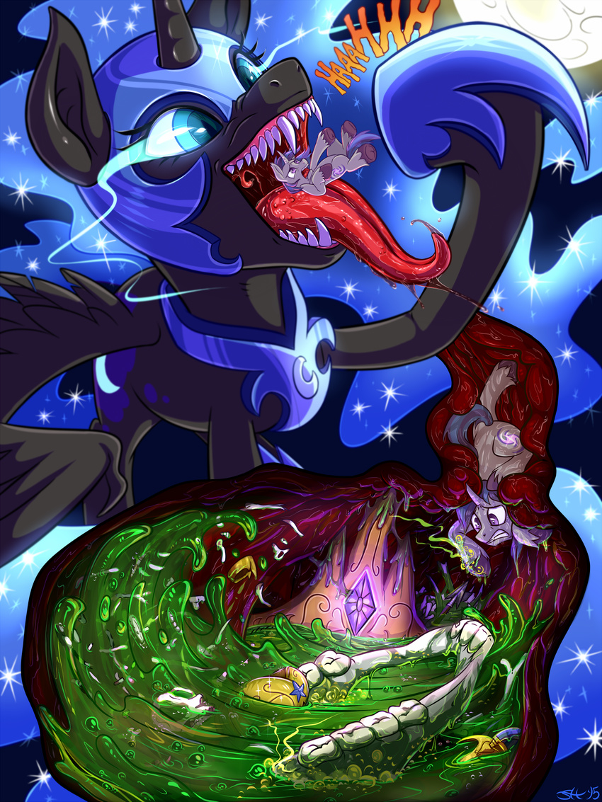 2015 blue_eyes bone crown cutaway cutie_mark duo equine fan_character female feral friendship_is_magic full_moon fur glowing hair helmet hi_res hooves horn long_tongue macro mammal micro moon multicolored_hair my_little_pony nightmare_moon_(mlp) open_mouth outside saliva sharp_teeth skull sorcerushorserus sparkles stomach_acid teeth tongue tongue_out two_tone_hair underhoof unicorn vore winged_unicorn wings