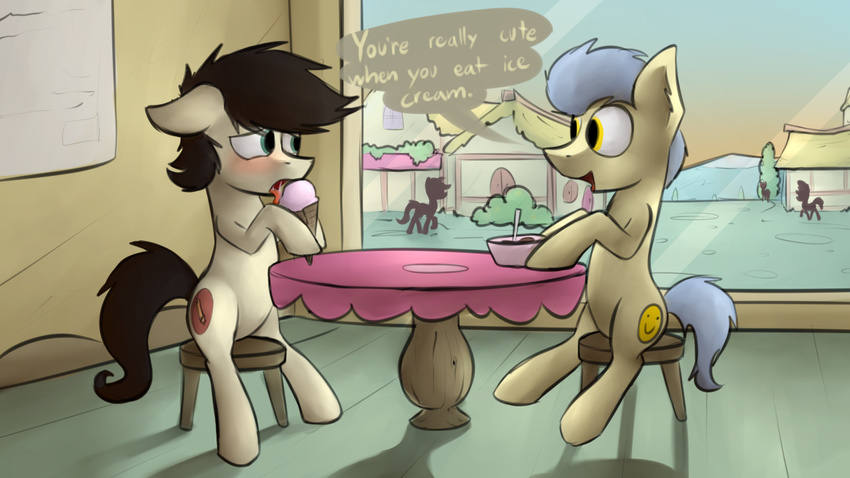 cutie_mark dessert dialogue duo earth_pony english_text equine fan_character feral food friendship_is_magic fur horse ice_cream inside licking male mammal marsminer my_little_pony pone_keith pony sitting table text tongue tongue_out uncomfortable