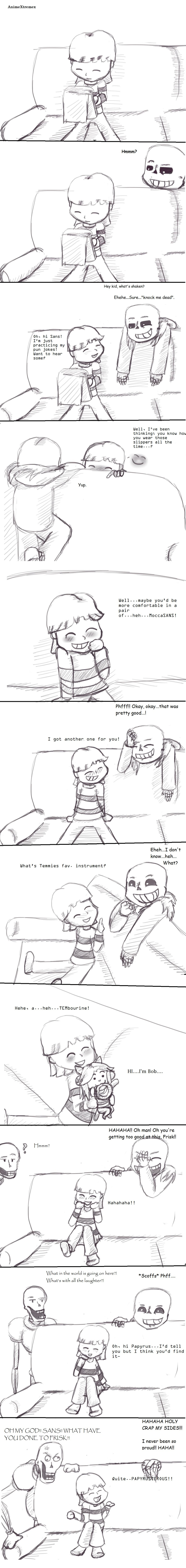 2015 animextremex bone brothers child clothed clothing comic dialogue english_text eyes_closed frisk_(undertale) group happy human humor jokes laugh mammal monster not_furry notepad open_mouth papyrus_(undertale) protagonist_(undertale) sans_(undertale) sibling skeleton sofa temmie_(undertale) text undertale video_games young