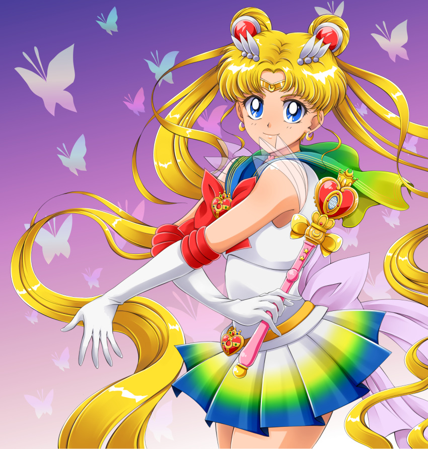 1girl absurdly_long_hair bishoujo_senshi_sailor_moon blonde_hair blue_eyes bow bowtie bug butterfly cowboy_shot crescent crescent_earrings double_bun earrings elbow_gloves floating_hair gloves gradient gradient_background highres holding_stick insect jewelry long_hair looking_at_viewer miniskirt moon-realm pleated_skirt red_bow red_neckwear sailor_collar sailor_moon sailor_senshi_uniform see-through shiny shiny_hair shirt skirt sleeveless sleeveless_shirt solo super_sailor_moon twintails very_long_hair white_gloves white_shirt