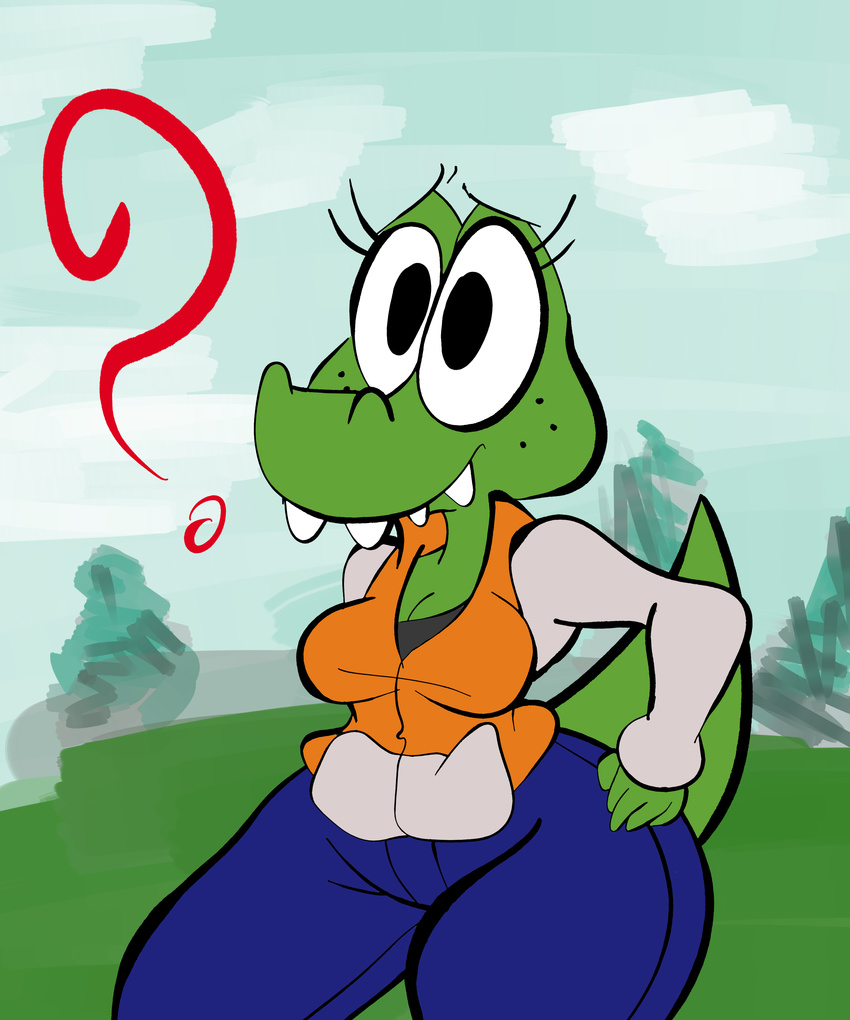 alligator breasts cleavage clothed clothing colored digital_artwork female freckles pose reptile scalie simple_background solo teeth teknikolor wide_hips