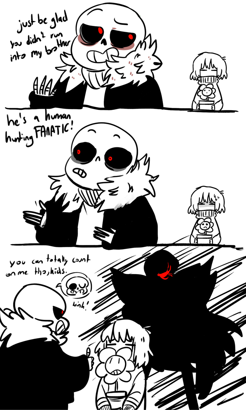 ambiguous_gender bone english_text flower flowey_the_flower frisk_(undertale) human male mammal papyrus_(undertale) plant protagonist_(undertale) red_eyes sans_(undertale) skeleton text underfell undertale video_games