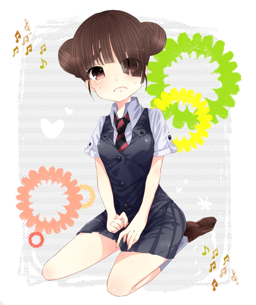 amaya_enaka bad_id bad_pixiv_id brown_eyes brown_hair double_bun full_body hair_over_one_eye highres juufuku_miho kneeling necktie school_uniform shoes skirt socks solo striped tears to_aru_kagaku_no_railgun to_aru_majutsu_no_index transparent_background vest