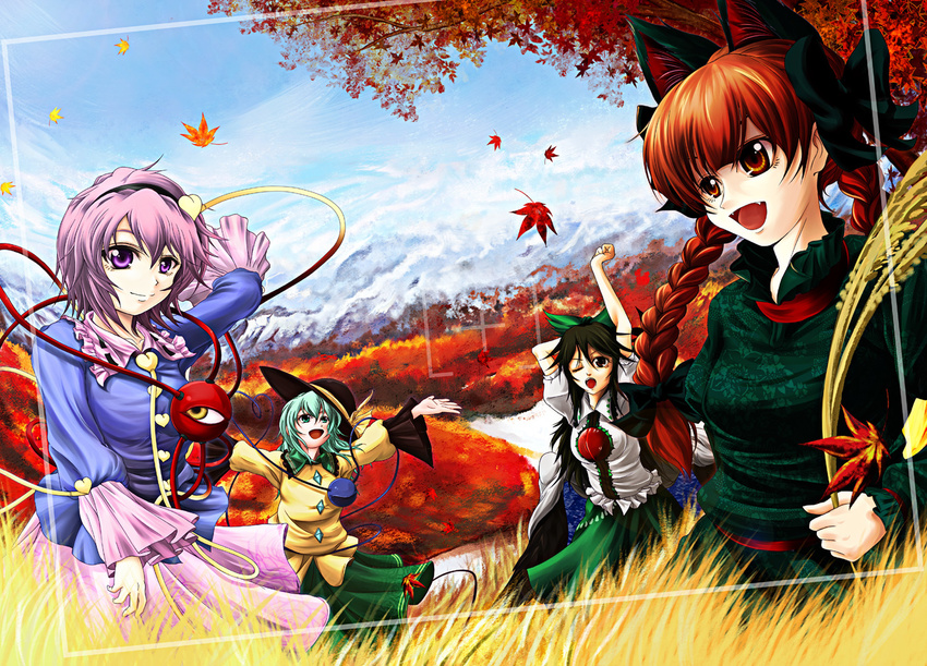 autumn braid extra_ears jyun kaenbyou_rin komeiji_koishi komeiji_satori multiple_girls reiuji_utsuho touhou viewfinder wind