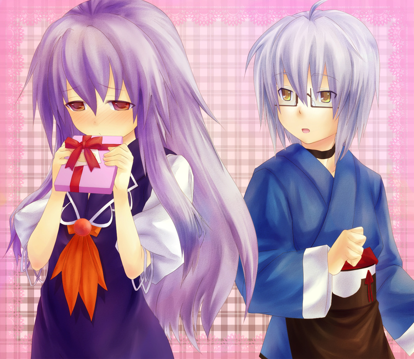 1girl bad_id bad_pixiv_id blush couple eho_(icbm) gift glasses hetero holding holding_gift japanese_clothes kamishirasawa_keine long_hair morichika_rinnosuke no_hat no_headwear purple_hair red_eyes silver_hair touhou yellow_eyes