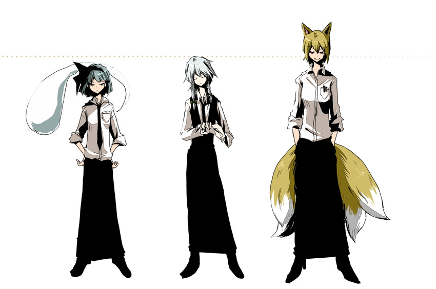 alternate_costume animal_ears bad_id bad_pixiv_id contemporary formal izayoi_sakuya konpaku_youmu konpaku_youmu_(ghost) kurau_kii multiple_girls necktie short_hair tail touhou yakumo_ran