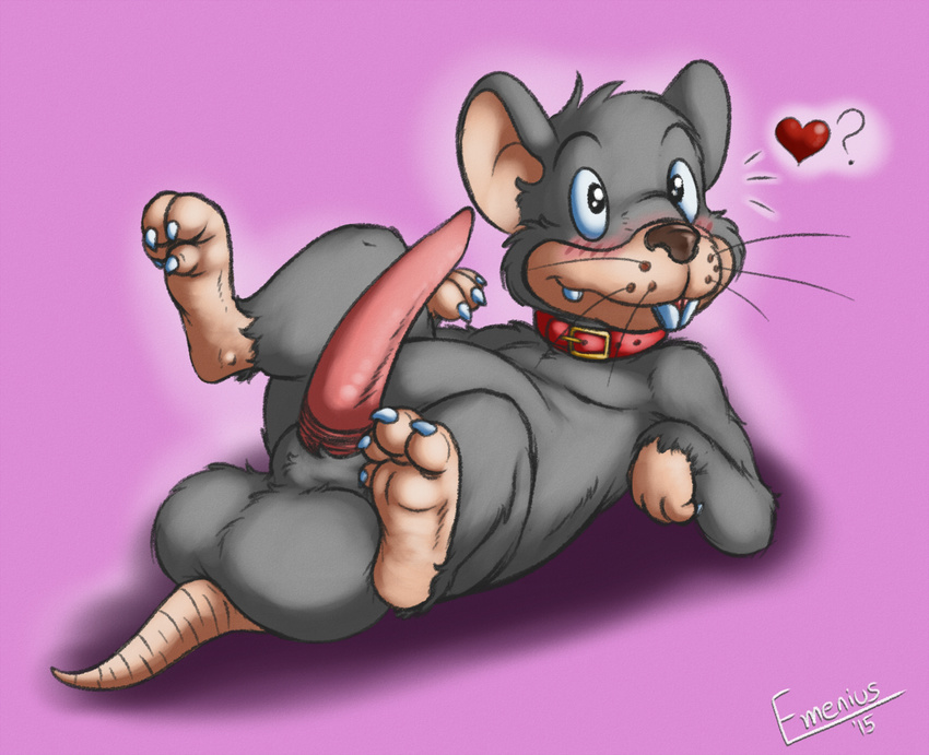 &lt;3 2015 balls barefoot big_balls big_penis blush buckteeth chubby collar digital_media_(artwork) digitigrade emenius erection looking_away lying male mammal mouse nude on_back penis rodent semi-anthro sheath signature smile solo spread_legs spreading tapering_penis teeth whiskers