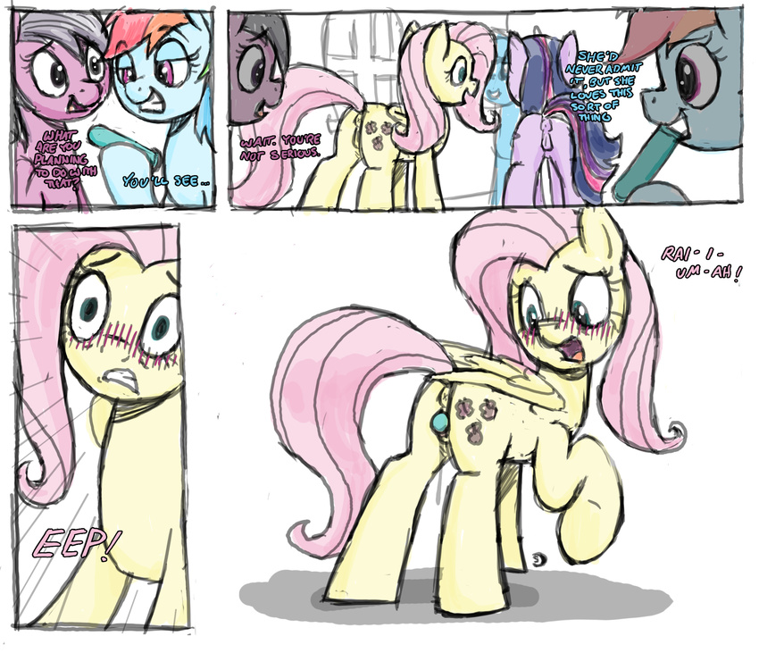 2015 anus blush butt comic cutie_mark dialogue dildo embarrassed english_text equine fan_character female feral fluttershy_(mlp) friendship_is_magic hair horn insertion mammal multicolored_hair my_little_pony open_mouth pegasus penetration pink_hair public pussy rainbow_dash_(mlp) rainbow_hair selenophile sex_toy text twilight_sparkle_(mlp) unicorn vaginal vaginal_insertion vaginal_penetration wings