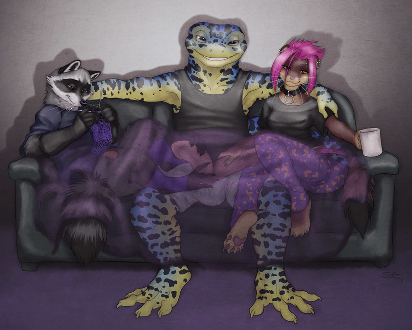 2015 anthro balls bisexual blanket collar female foot_fetish footjob gamercoon gecko grecko hair handjob hemipenes knitting lizard male male/female male/male mammal multi_penis mustelid otter penis pink_hair raccoon reptile sabretoothed_ermine scalie sofa watching_movie weasel