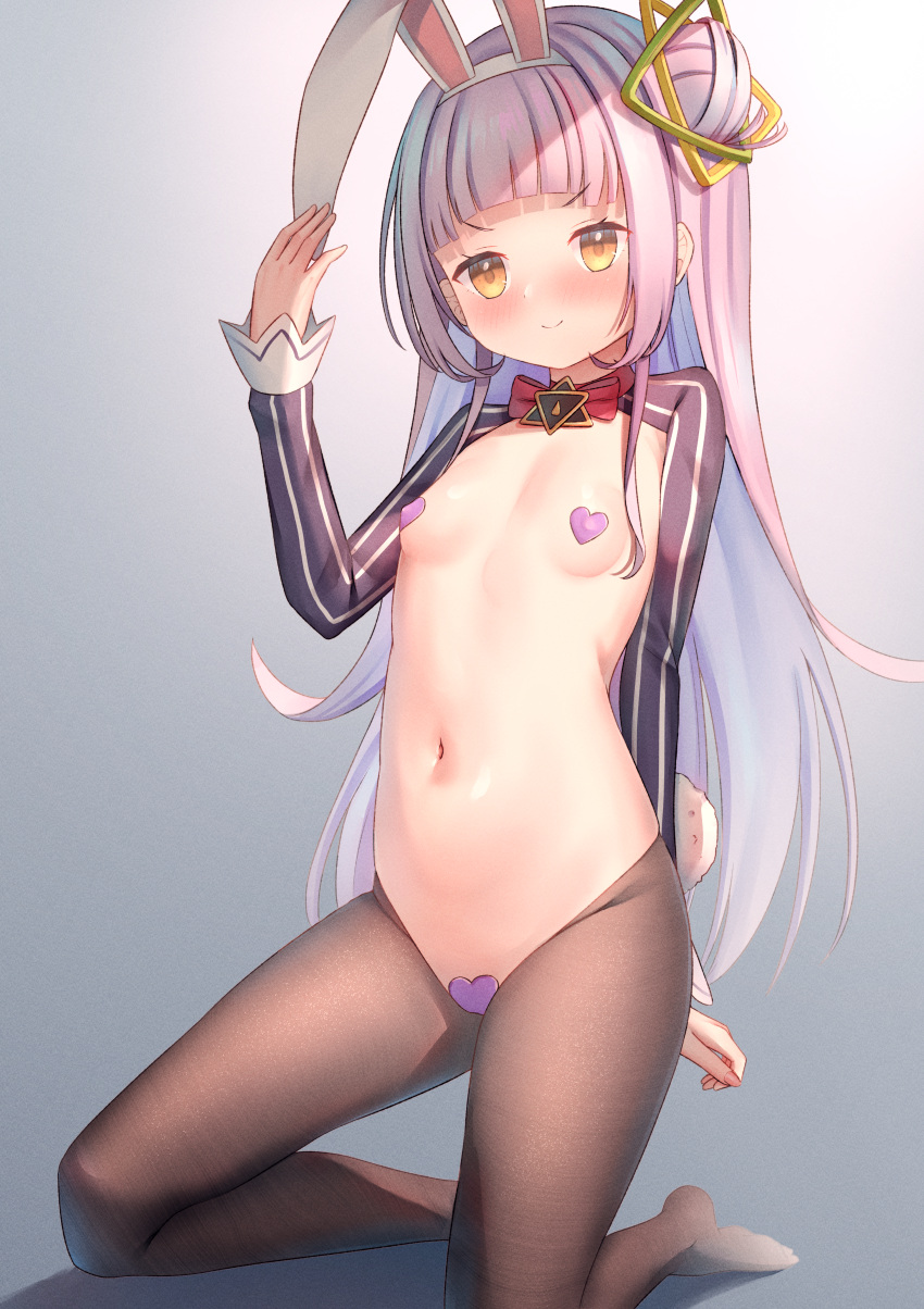 1girl absurdres animal_ears bangs black_pantyhose blunt_bangs blush breasts closed_mouth covered_nipples extra_ears fake_animal_ears fake_tail flat_chest gradient gradient_background grey_background grey_hair hair_bun hair_ornament hand_on_ear hand_up heart_pasties highres hololive kneeling long_hair long_sleeves looking_at_viewer maebari meme_attire murasaki_shion navel pantyhose pasties playboy_bunny rabbit_ears rabbit_girl rabbit_tail ray_peng reverse_bunnysuit reverse_outfit sidelocks single_side_bun small_breasts smile solo tail very_long_hair virtual_youtuber yellow_eyes
