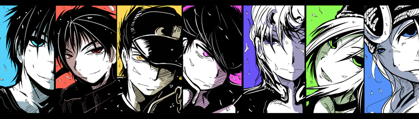 6+boys aqua_eyes battle_tendency black_hair blue_eyes diamond_wa_kudakenai giorno_giovanna green_eyes hat higashikata_jousuke highres johnny_joestar jojo_no_kimyou_na_bouken jonathan_joestar joseph_joestar kuujou_jolyne kuujou_joutarou letterboxed monochrome multiple_boys open_mouth phantom_blood pink_eyes pompadour purple_hair red_eyes shiba_yuuki smirk spot_color stardust_crusaders steel_ball_run stone_ocean upper_body vento_aureo yellow_eyes