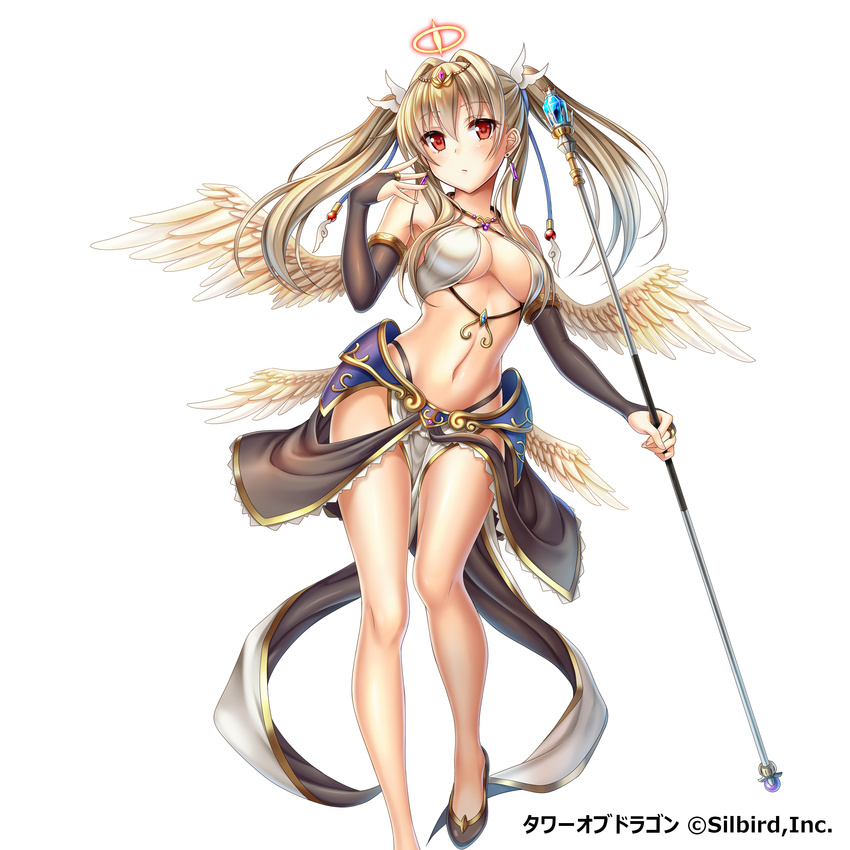 absurdres bare_legs blonde_hair blush breasts bridal_gauntlets cleavage dansa earrings feathered_wings highres jewelry large_breasts long_hair looking_at_viewer navel original red_eyes simple_background solo staff tower_of_dragon twintails underboob white_background white_legwear white_wings wings