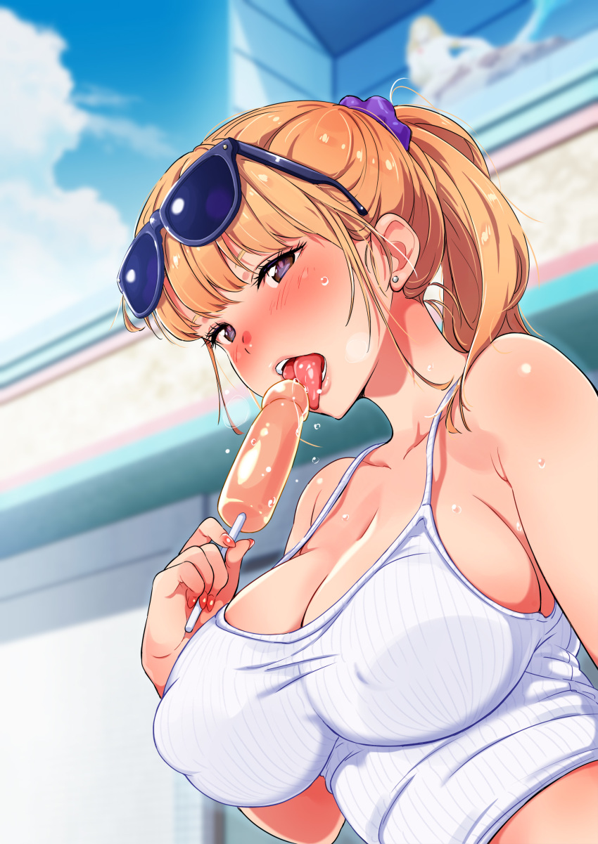 ane_wa_yanmama_junyuuchuu_in_atami_da~!! bare_arms bare_shoulders blonde_hair blush breasts cleavage day earrings engawa_suguru erect_nipples food highres jewelry large_breasts licking long_ponytail looking_at_viewer nail_polish naughty_face original outdoors ponytail popsicle puffy_nipples purple_eyes red_nails sexually_suggestive sky sleeveless solo sunglasses sunglasses_on_head tank_top tied_hair tongue upper_body