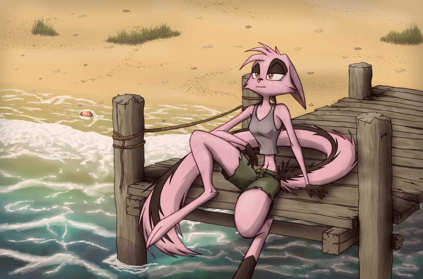 2015 anthro beach breasts canine clothed clothing dreamkeepers female fur hair half-closed_eyes long_tail mammal orange_eyes outside pier pink_fur pink_hair s-t-r-i-k-e-r seashell seaside shirt shorts sitting solo striped_tail tank_top viriathus water