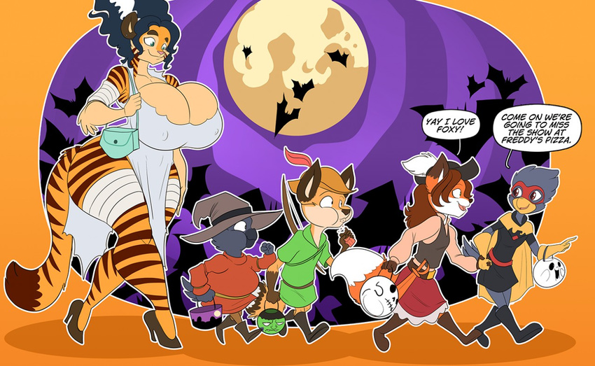 2015 anthro avian big_breasts bird breasts canine cleavage clothed clothing crow dialogue english_text erect_nipples feline female five_nights_at_freddy's fox group halloween holidays jaeh male mammal moon nipple_bulge nipples text tiger video_games