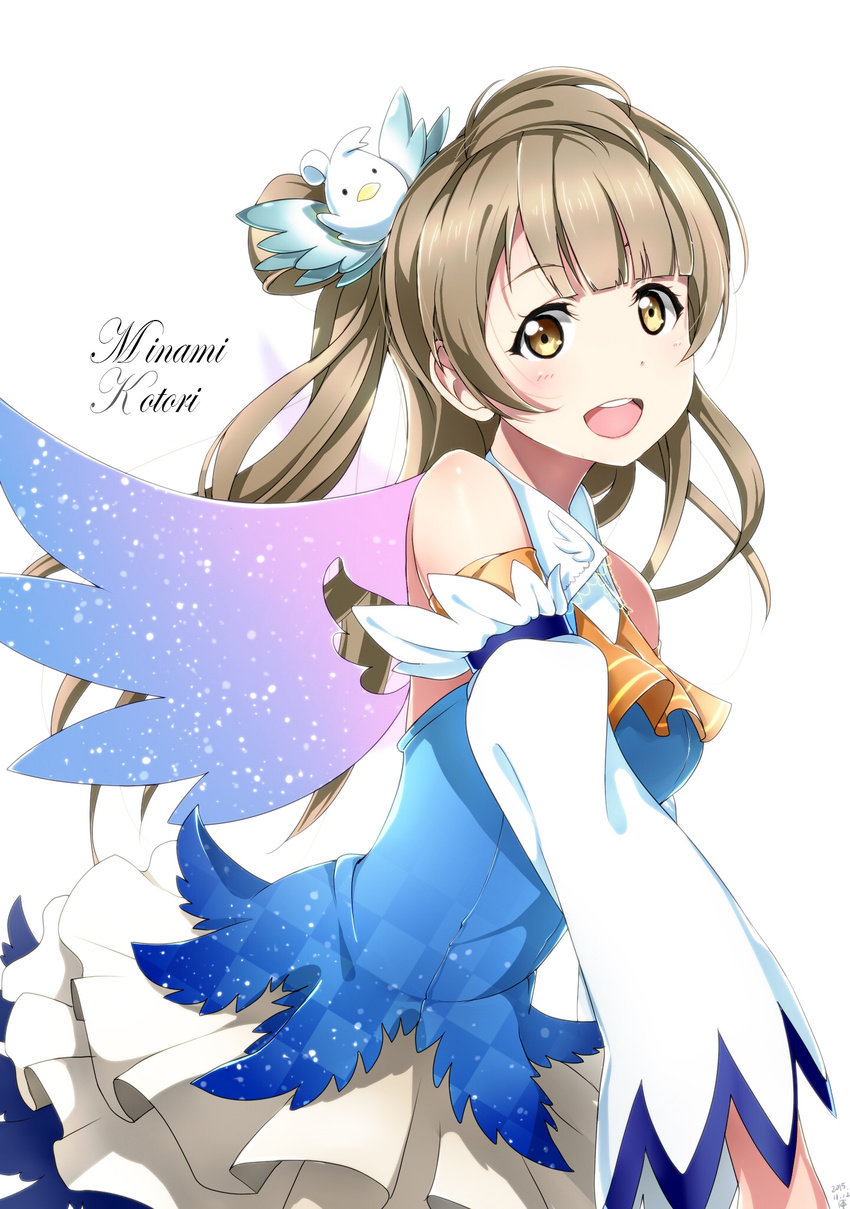 :d bangs bird_hair_ornament blunt_bangs blush brown_eyes brown_hair character_name dated detached_sleeves dress hair_ornament highres long_hair looking_at_viewer love_live! love_live!_school_idol_project md5_mismatch minami_kotori minami_kotori_(bird) one_side_up open_mouth shiimai signature simple_background smile solo white_background wings