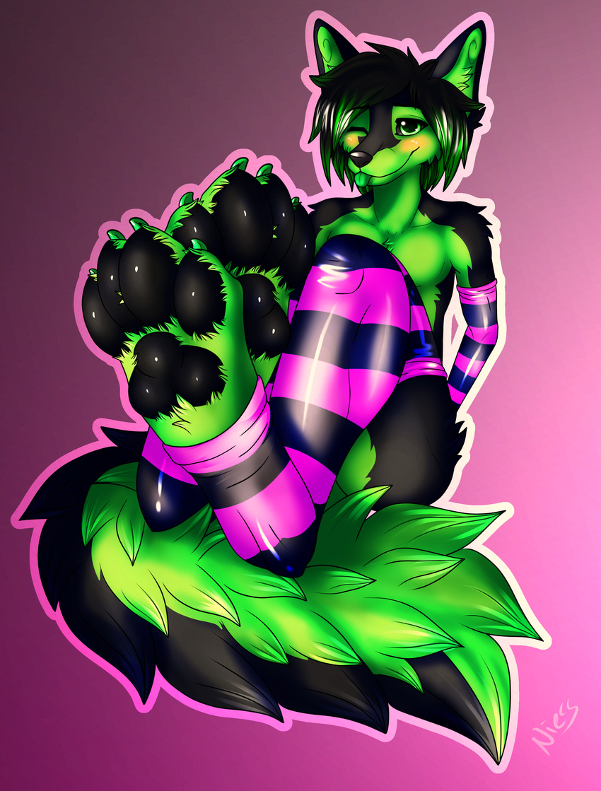 anthro arm_warmers blush canine claws clothing emo fox fur legwear male mammal nielsmali one_eye_closed pawpads paws rubber solo stockings stripes tongue tongue_out wink wolf