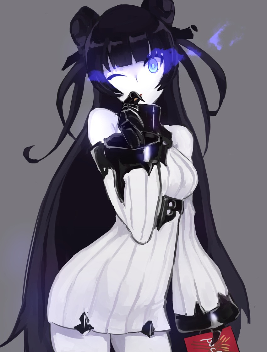absurdres bad_id bad_pixiv_id bare_shoulders black_hair breasts cosplay detached_sleeves double_bun dress food gauntlets glowing glowing_eyes highres kantai_collection light_cruiser_oni long_hair looking_at_viewer medium_breasts one_eye_closed pocky ribbed_dress seaport_hime seaport_hime_(cosplay) shinkaisei-kan short_dress simple_background sketch solo weasel_(close-to-the-edge) white_skin