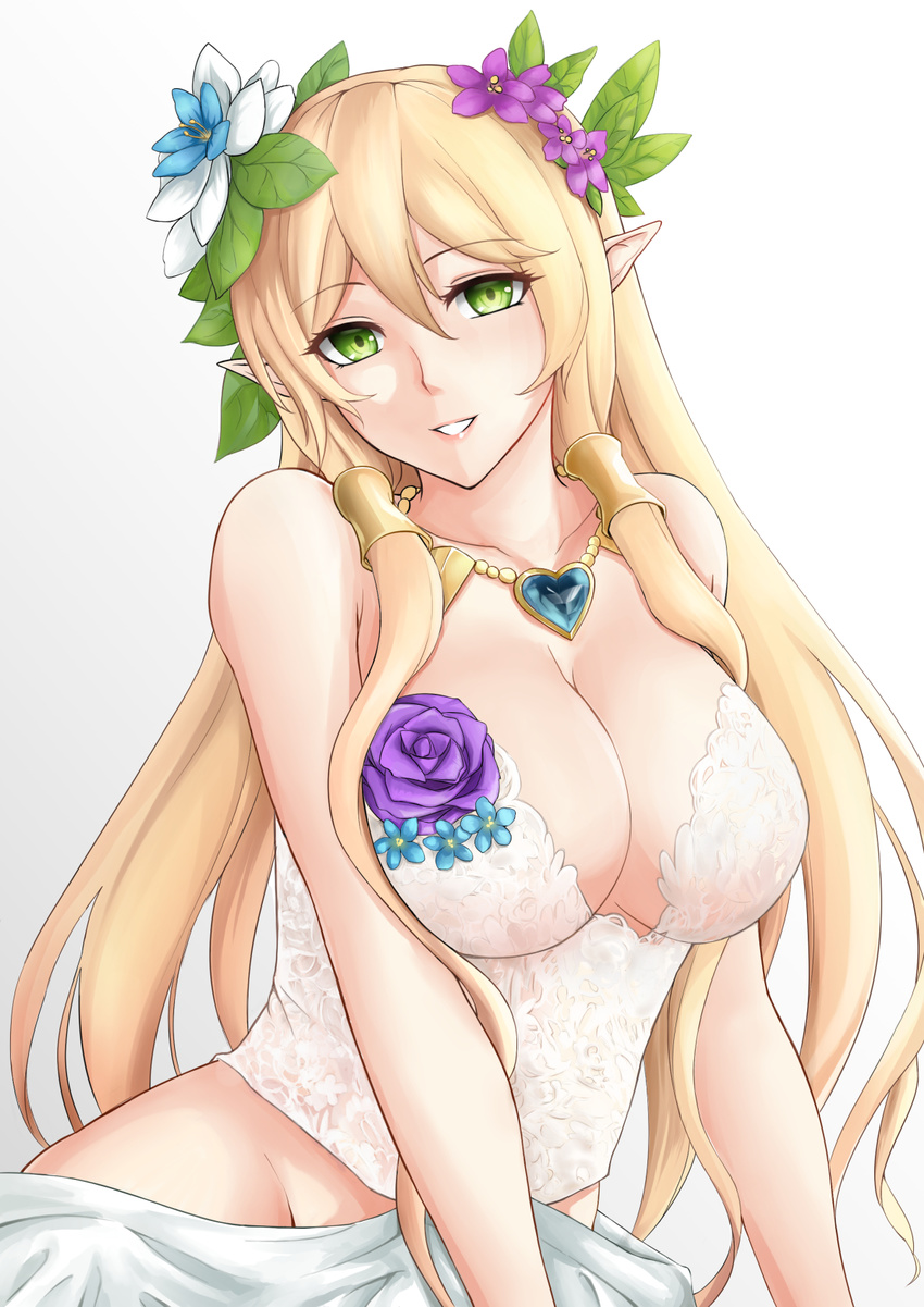 blonde_hair blush breasts bustier cleavage dress freyja_(p&amp;d) green_eyes hat highres jewelry large_breasts long_hair looking_at_viewer necklace no_panties open_mouth parted_lips pointy_ears puzzle_&amp;_dragons smile solo terry_(pixiv3274443)