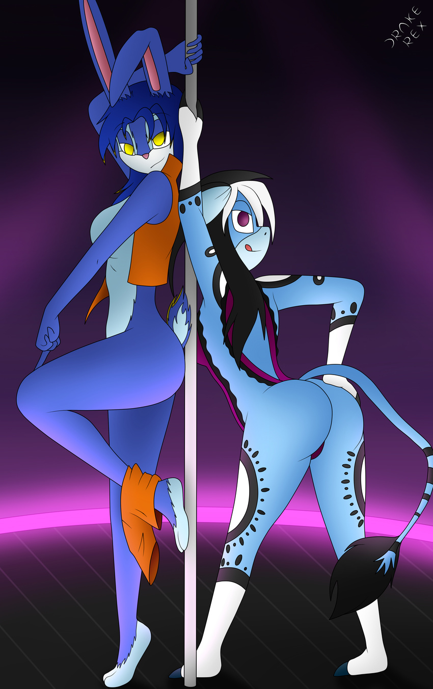 anthro blue_fur bovine butt cattle dancing drake-rex duo female fur lagomorph mammal neon pole pole_dancing purple_eyes rabbit strip_club stripper striptease yellow_eyes