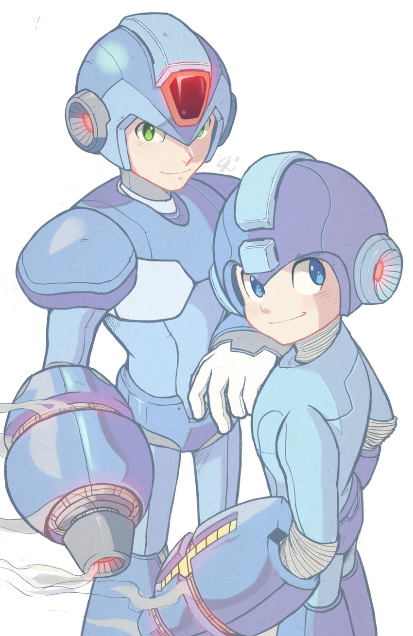 2boys android arm_cannon blue_eyes crossover green_eyes gun helmet highres multiple_boys rockman rockman_(character) rockman_(classic) rockman_x sally_(luna-arts) smile smoke smoking_gun time_paradox weapon x_(rockman)