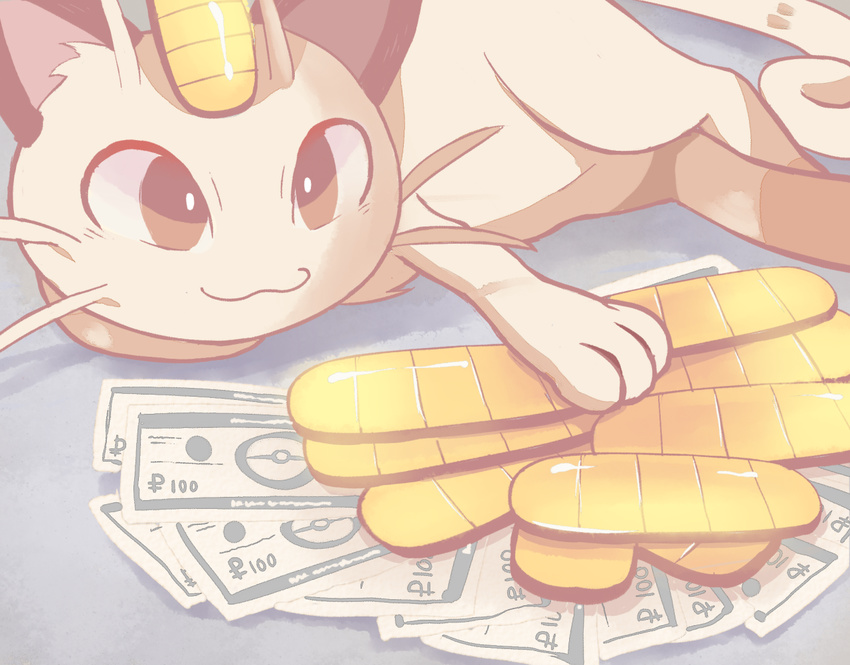 bad_id bad_tumblr_id cat coin commentary gameplay_mechanics gen_1_pokemon lying meme meowth money no_humans pokedollar pokemon pokemon_(creature) sally_(luna-arts) solo