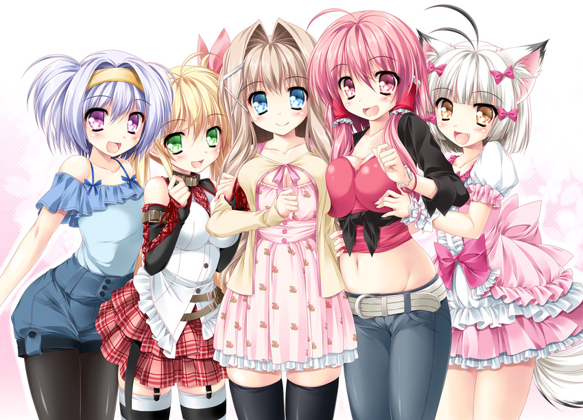 :d animal_ears bare_shoulders belt black_legwear blonde_hair blue_eyes breast_press breast_squeeze breasts brown_hair cleavage collar collarbone crop_top detached_sleeves dress fang girl_sandwich green_eyes hair_intakes hair_ribbon hair_tubes hairband highres jacket kamiya_tomoe large_breasts lavender_hair layered_dress legwear_under_shorts long_sleeves midriff multiple_girls navel open_clothes open_jacket open_mouth original pants pantyhose pantyhose_under_shorts pink_dress pink_eyes print_dress puffy_short_sleeves puffy_sleeves ribbon sandwiched shirt short_sleeves shorts side_ponytail silver_hair skirt smile tail thighhighs tress_ribbon two_side_up vest wolf_ears wolf_tail wrist_cuffs zettai_ryouiki