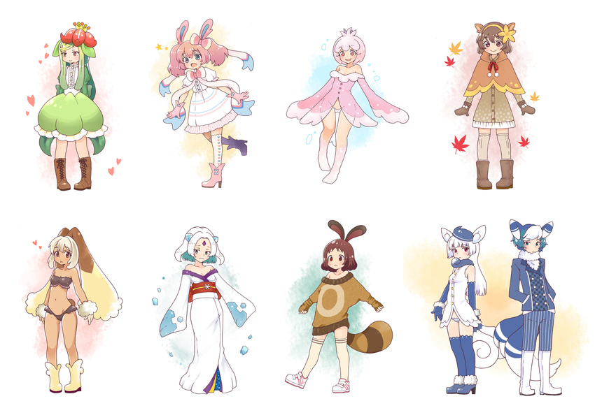 6+girls animal_ears blue_footwear blue_gloves blue_hat boots bow brown_eyes brown_footwear brown_hair cat_tail deerling dress flower_hat forehead_jewel frillish froslass gen_2_pokemon gen_4_pokemon gen_5_pokemon gen_6_pokemon gloves gunuko hair_bow hairband hat highres japanese_clothes kimono kneehighs leaf lilligant lopunny meowstic midriff mittens multiple_girls open_mouth personification pink_footwear pink_gloves pink_hair pokemon raccoon_tail red_eyes ribbon scrunchie see-through sentret shoes skirt sneakers sweater sylveon tail tan underwear white_footwear white_hair white_legwear wrist_scrunchie