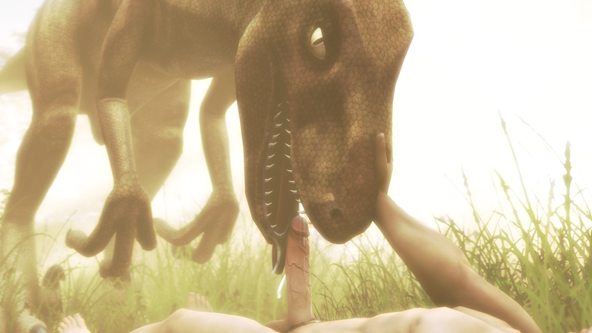 ambiguous_gender bestiality cgi cum cum_on_tongue digital_media_(artwork) dinosaur feral foliage human licking looking_at_viewer male mammal oral penis raptor sex sharp_teeth source_filmmaker teeth tongue tongue_out trust