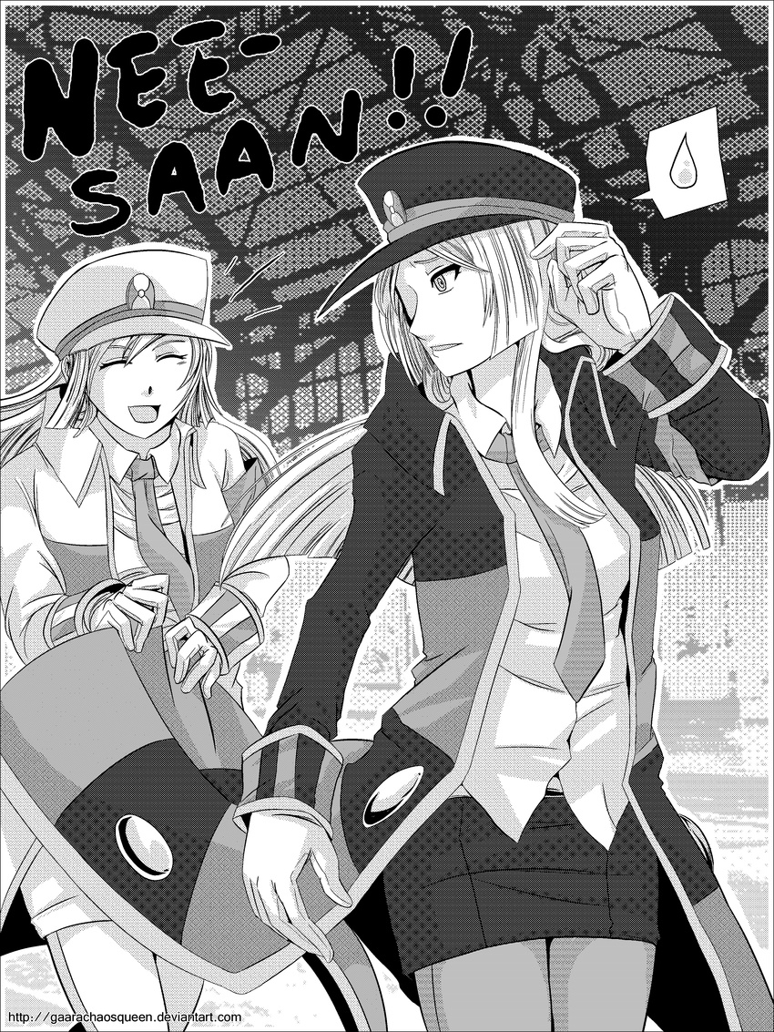 absurdres closed_eyes gaarachaosqueen genderswap genderswap_(mtf) greyscale hat highres kudari_(pokemon) long_coat long_hair monochrome multiple_girls necktie nobori_(pokemon) pantyhose pokemon pokemon_(game) pokemon_bw skirt speech_bubble watermark web_address