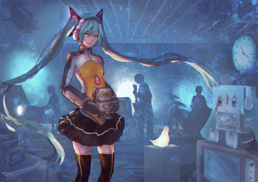 3boys aqua_hair baka2286 black_legwear black_skirt bodysuit clock drum electric_guitar flat_chest gauntlets guitar hatsune_miku headgear headphones indoors instrument lamp light long_hair looking_at_viewer multiple_boys odds_&amp;_ends_(vocaloid) piano real_life robot silhouette sitting skirt smile solo_focus supercell television thighhighs toy twintails very_long_hair vocaloid zettai_ryouiki