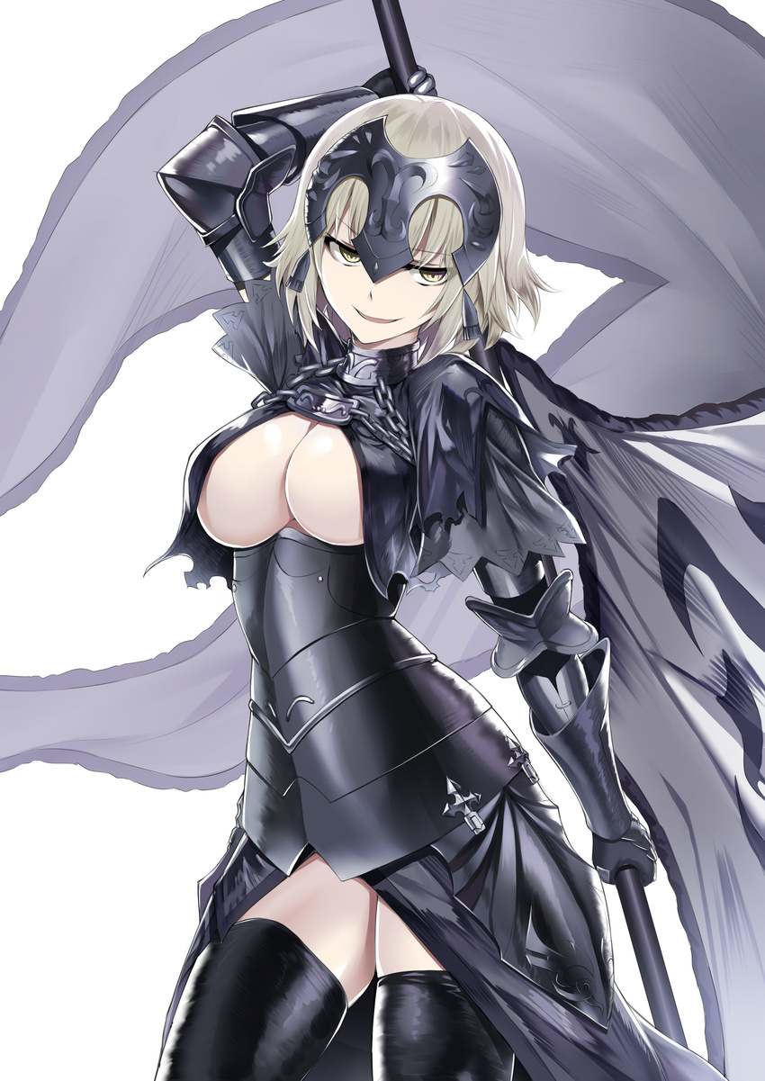 absurdres armor black_legwear blonde_hair braid breasts capelet cleavage corset fate/grand_order fate_(series) faulds gauntlets headpiece heirou highres jeanne_d'arc_(alter)_(fate) jeanne_d'arc_(fate)_(all) large_breasts long_hair single_braid smile solo thighhighs yellow_eyes