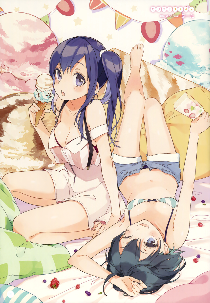 ;d absurdres arm_support artist_name barefoot bikini black_hair blue_eyes blue_hair booota breasts cleavage dress food fruit grapes hair_between_eyes highres ice_cream_cone imai_midori large_breasts lying multiple_girls navel on_back one_eye_closed open_fly open_mouth popsicle scan shirobako short_hair short_shorts shorts side_ponytail sitting small_breasts smile strawberry striped swimsuit toudou_misa unzipped upside-down vertical-striped_bikini vertical_stripes yokozuwari