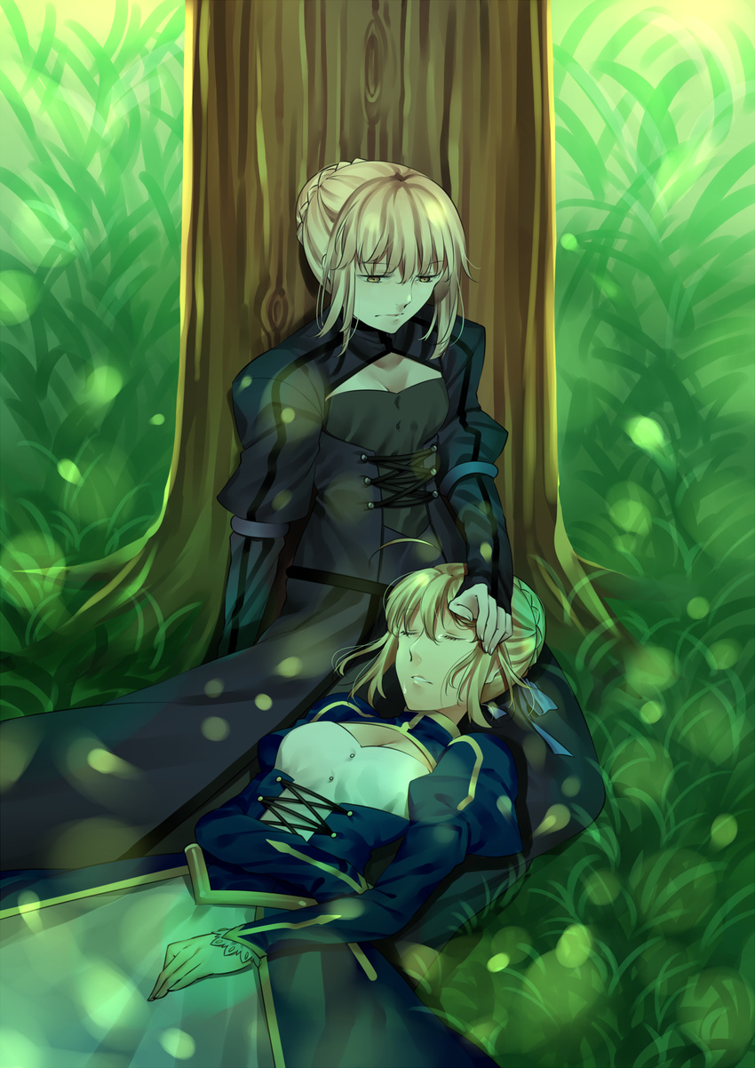 ahoge artoria_pendragon_(all) blonde_hair breasts dark_persona dress fate/stay_night fate_(series) grass hand_on_another's_head highres lap_pillow looking_at_another multiple_girls nashoki saber saber_alter small_breasts tree yellow_eyes