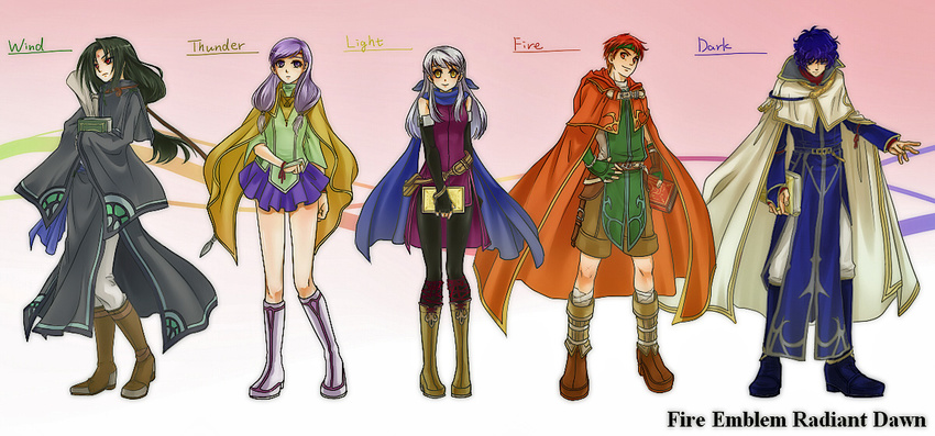 3boys bangle bare_shoulders black_footwear black_gloves black_hair black_legwear blue_eyes blue_hair blue_scarf book boots bracelet brown_footwear cape copyright_name dress elbow_gloves facial_mark fingerless_gloves fire_emblem fire_emblem:_akatsuki_no_megami fire_emblem:_souen_no_kiseki gloves hair_ribbon half_updo headband ilyana jewelry knee_boots long_hair low-tied_long_hair micaiah miniskirt multiple_boys multiple_girls pantyhose pelleas purple_eyes purple_hair red_eyes red_hair ribbon robe scarf side_slit silver_hair skirt sleeveless sleeveless_dress smile soren tormod white_footwear yellow_eyes zovaa