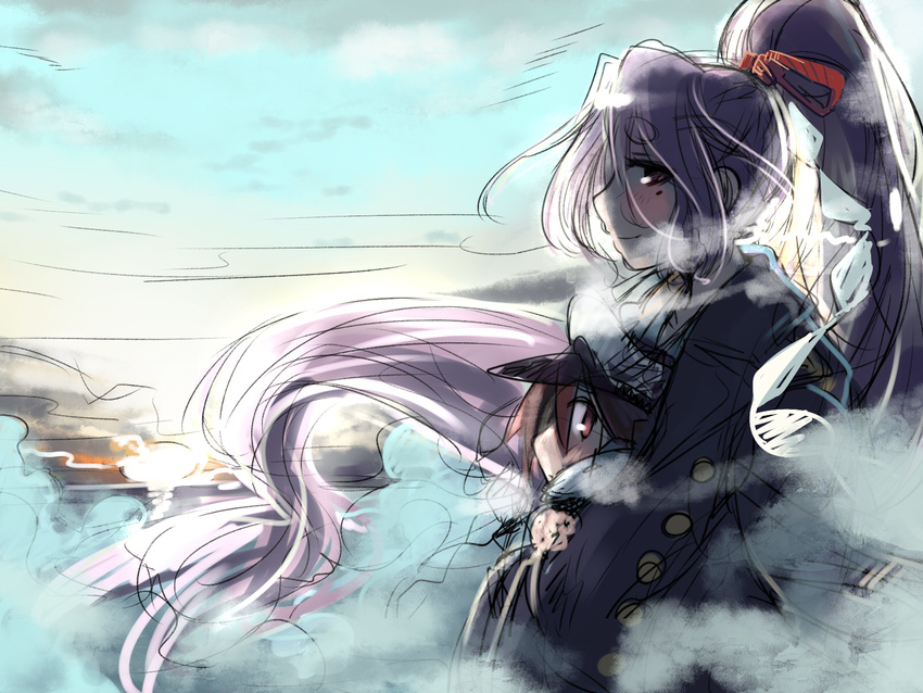 1girl admiral_(kantai_collection) alternate_costume amagaeru_(hylathewet) blush cloud eyebrows eyebrows_visible_through_hair fog from_side hair_ribbon hat hatsuharu_(kantai_collection) hetero highres hikimayu hug hug_from_behind japanese_clothes kantai_collection kimono little_boy_admiral_(kantai_collection) long_hair looking_at_viewer looking_to_the_side mole mole_under_eye ponytail purple_hair red_eyes ribbon shide short_eyebrows short_hair sky very_long_hair yukata