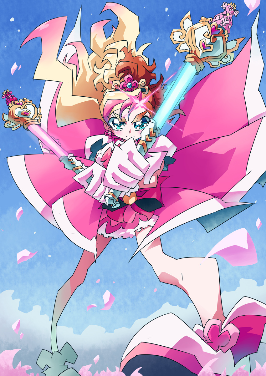 absurdres blonde_hair cure_flora dual_wielding gloves go!_princess_precure green_eyes haruno_haruka highres holding long_hair magical_girl multicolored_hair otokamu petals pink_hair precure red_hair skirt spoilers