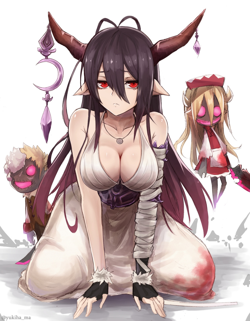 antenna_hair bandaged_arm bandages black_gloves black_hair breasts cleavage crescent danua doll draph dress fingerless_gloves gloves granblue_fantasy hair_between_eyes highres horn_ornament horns jewelry large_breasts long_hair looking_at_viewer necklace pointy_ears red_eyes solo white_dress yukihama