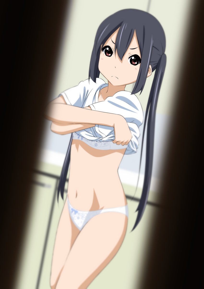 absurdres black_hair bra brown_eyes highres k-on! long_hair nakano_azusa official_style oku_no_shi panties solo twintails underwear undressing