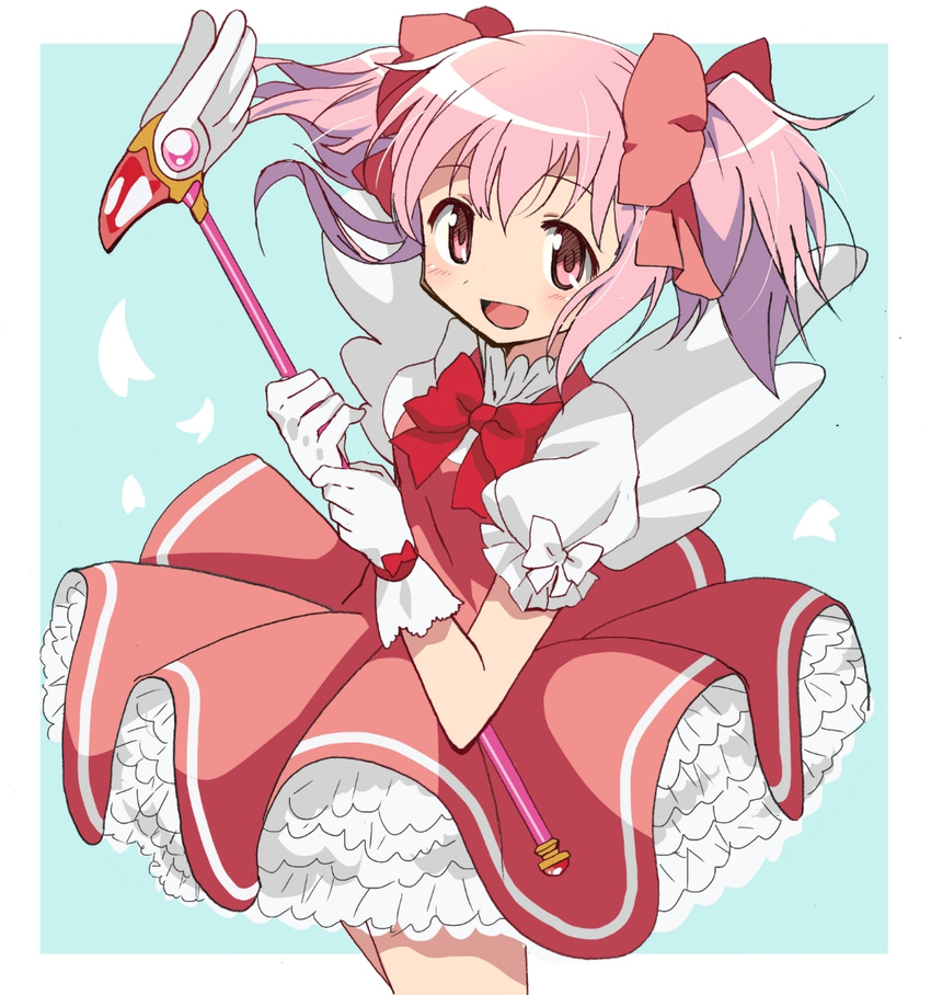 :d blush cardcaptor_sakura cosplay dress fuuin_no_tsue gloves highres kaname_madoka kinomoto_sakura kinomoto_sakura_(cosplay) magical_girl mahou_shoujo_madoka_magica open_mouth pink_eyes pink_hair sakana_(14894735) short_hair short_twintails smile solo trait_connection twintails wand white_gloves wings