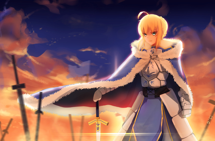 absurdres ahoge armor armored_dress artoria_pendragon_(all) blonde_hair blue_cape blue_eyes cape cloud excalibur fate/stay_night fate_(series) field_of_blades flag fur-trimmed_cape fur_trim gauntlets highres maomi_wushi planted_sword planted_weapon saber sky solo sword type-moon weapon